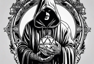 hooded figure holding a d20 tattoo idea