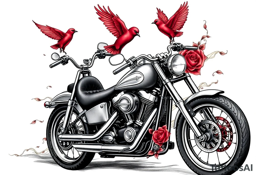 Harley motorcycle driving away, two red birds flying, roses and lace, flames tattoo idea