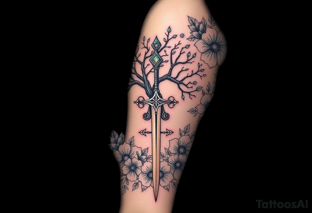 based on the Lord of the rings movies with the tree of Gondor, the Evenstar necklace, the sword Narsil, and flowers tattoo idea