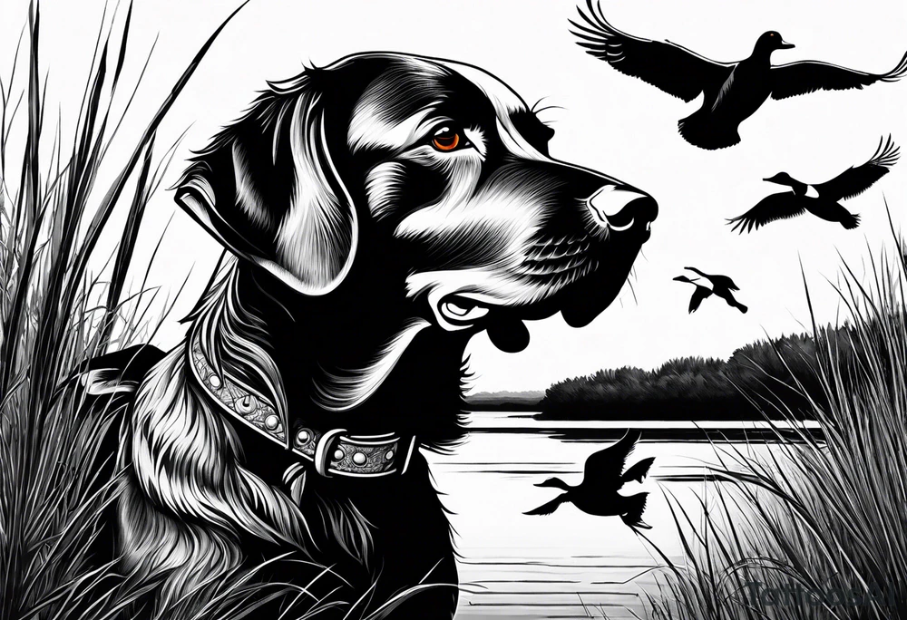 bird dog retrieving duck from marsh tattoo idea