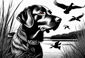 bird dog retrieving duck from marsh tattoo idea