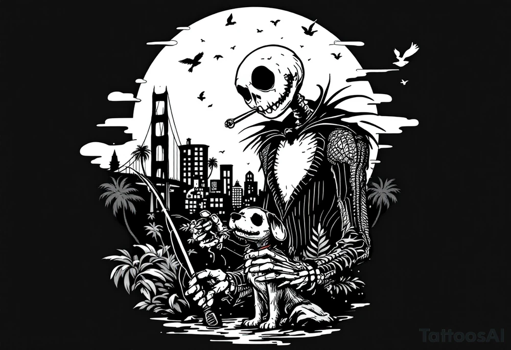 jack skellington with dog,smoking a blunt and fishing,surrounded by city buildings,golden gate bridge, birds, palm trees, tattoo idea