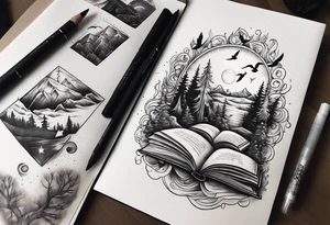 Northern lights with Pennywise and birds and books tattoo idea