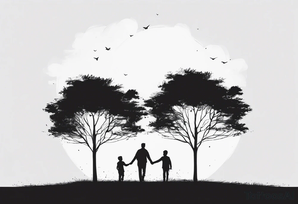 A tree, underneath the tree place a man and a boy holding hands walking into distance tattoo idea A tree, underneath the tree place a man and a boy holding hands walking into distance tattoo idea