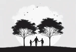 A tree, underneath the tree place a man and a boy holding hands walking into distance tattoo idea