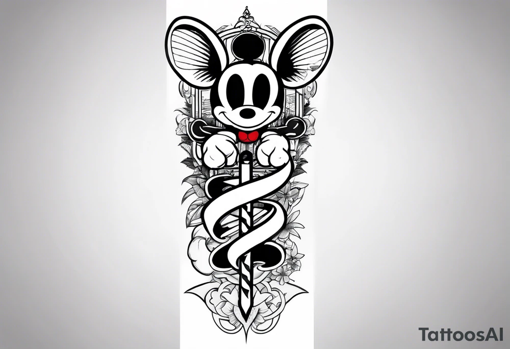 Tattoo full left arm with a collage of a medicine caduceus and a mickey mouse silhouette tattoo idea