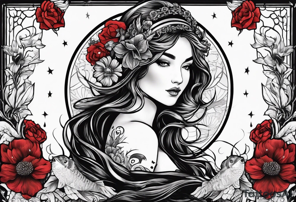 pisces tarot card with black and red flowers tattoo idea