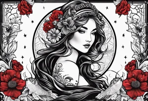 pisces tarot card with black and red flowers tattoo idea