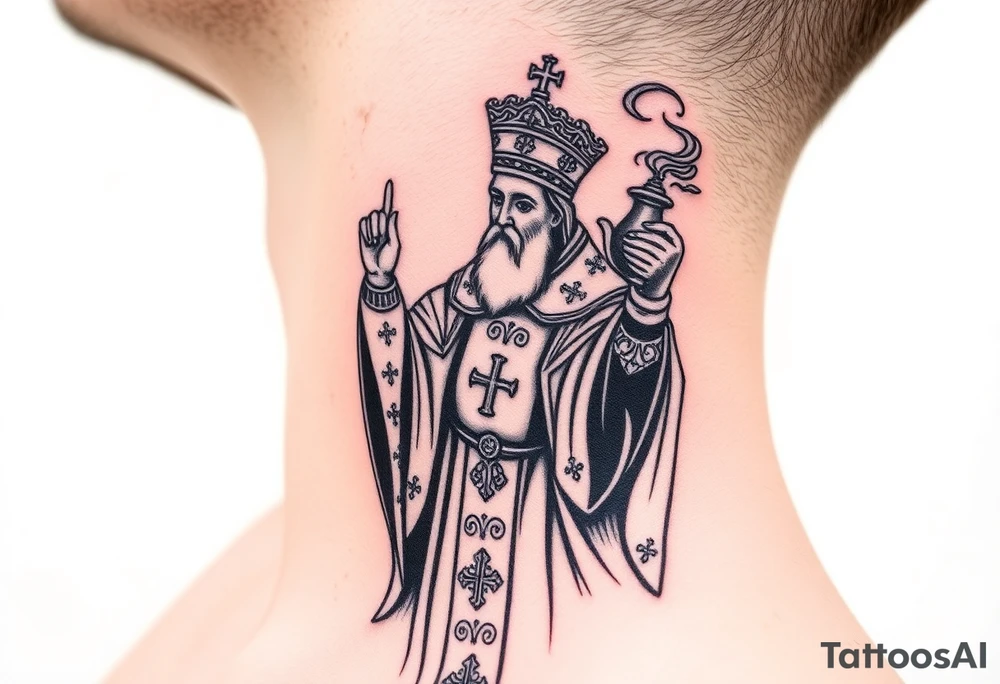 Russian Orthodox Priest in fully detailed vestment swinging a censer with smoke curling upward tattoo idea