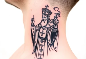 Russian Orthodox Priest in fully detailed vestment swinging a censer with smoke curling upward tattoo idea