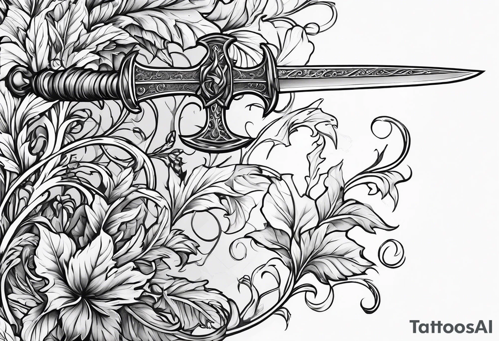 Leafy vines with sword tattoo idea
