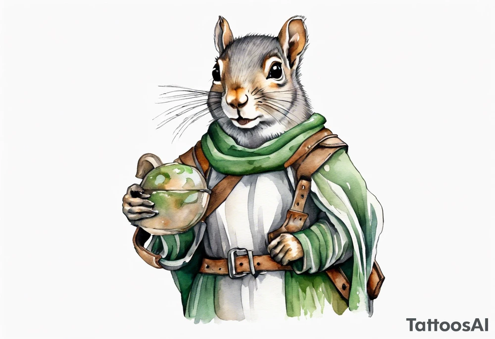 a female grey squirrel dressed in a grey and green tunic wearing a medieval messenger bag tattoo idea