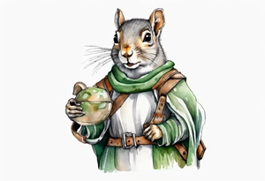 a female grey squirrel dressed in a grey and green tunic wearing a medieval messenger bag tattoo idea