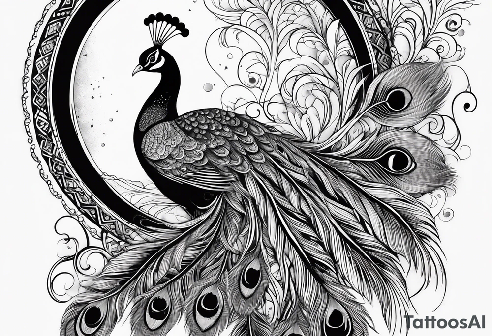 pen and moon and peacock feather tattoo idea