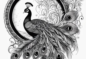 pen and moon and peacock feather tattoo idea