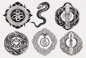 snakes interlocking around a Buddhist amulet that represents strength, protection, and love tattoo idea