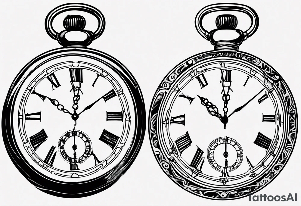 Pocket watch with chain, Roman numerals, date in Roman numerals inside timepiece, classic, elegant, traditional, clean lines tattoo idea