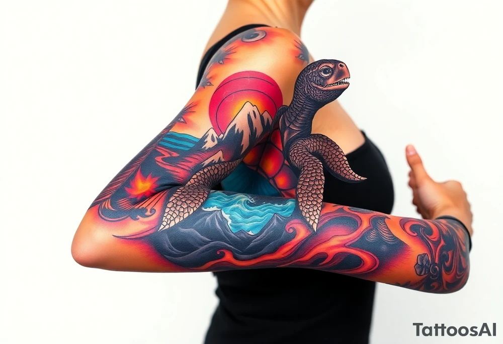 turtle sleeve with mountains, fire, water, air tattoo idea