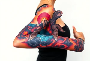 turtle sleeve with mountains, fire, water, air tattoo idea
