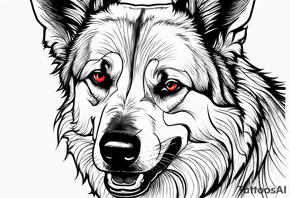 Create aggressive, vicious dog, with some blood coming out of his mouth and saliva. Make it a drawing and use the image of reference. I am going to add. I want HIM TO BE ANGRY WITH RED EYES use VICIOUS German shepherd tattoo idea