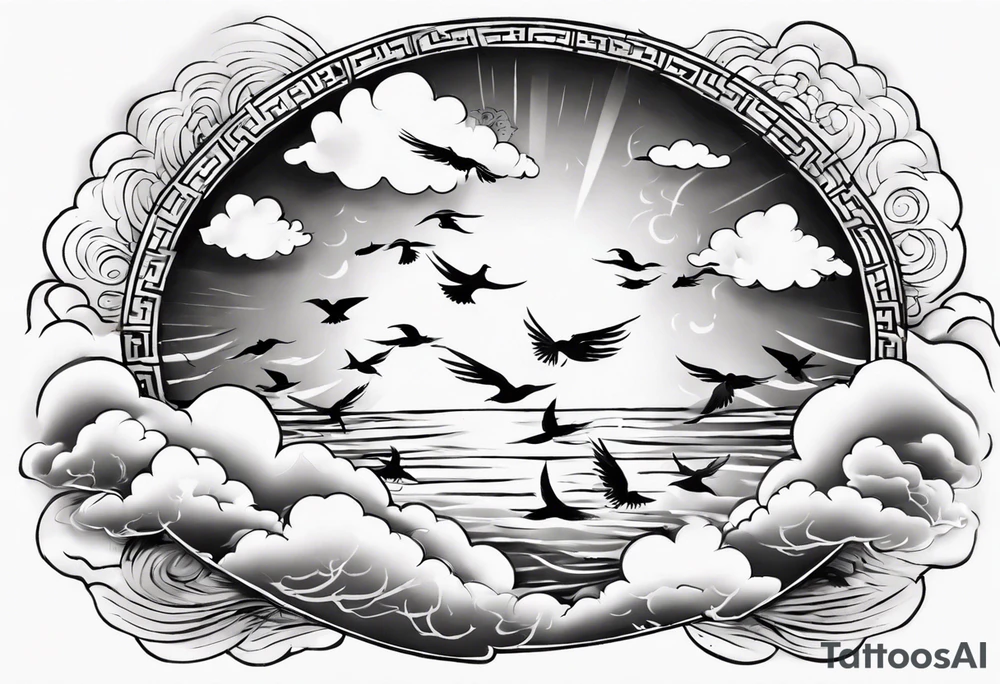 a shoulder tattoo with rays of light, clouds and birds flying free tattoo idea