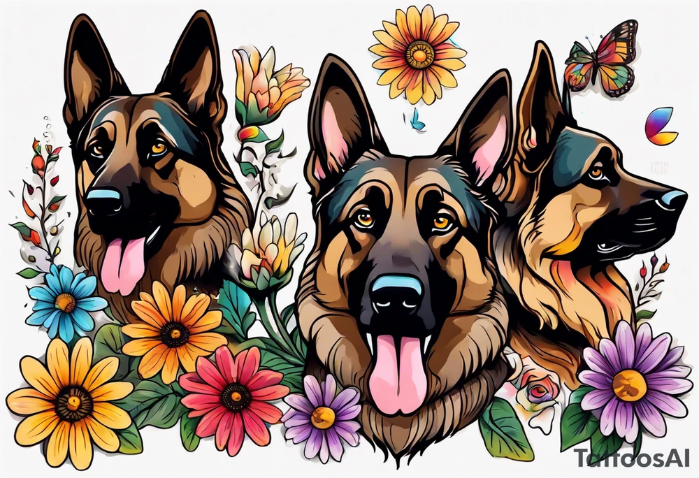 Dark Brown female German shepherd portrait surrounded by  colorful daisies tattoo idea