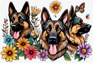 Dark Brown female German shepherd portrait surrounded by  colorful daisies tattoo idea