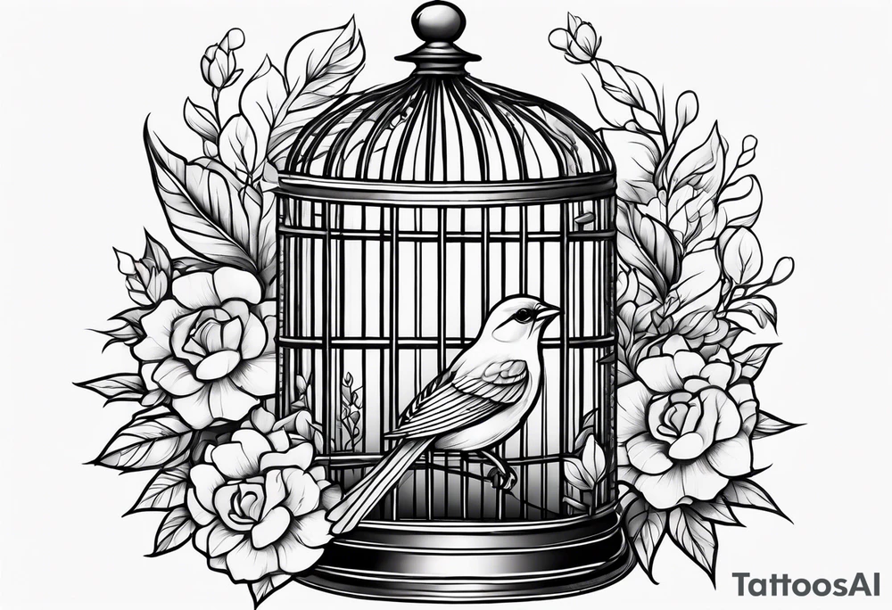 neo traditional foliage and flowers on the left top of a bird cage tattoo idea
