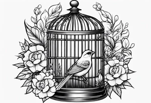 neo traditional foliage and flowers on the left top of a bird cage tattoo idea