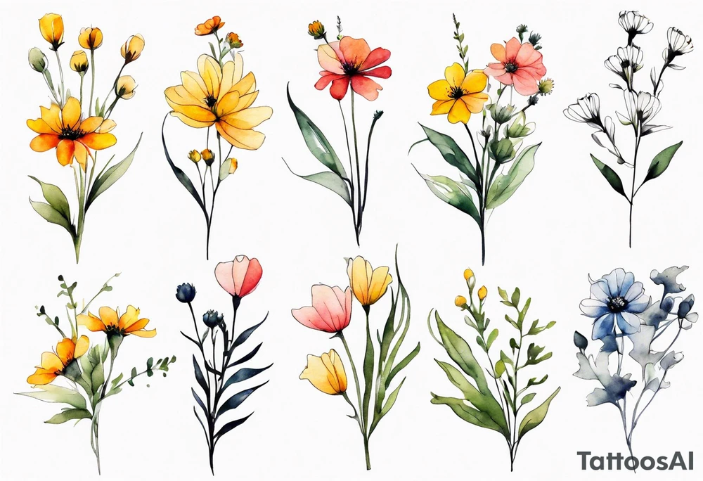 wild flowers long stems bouquet all watercolor tattoo idea
