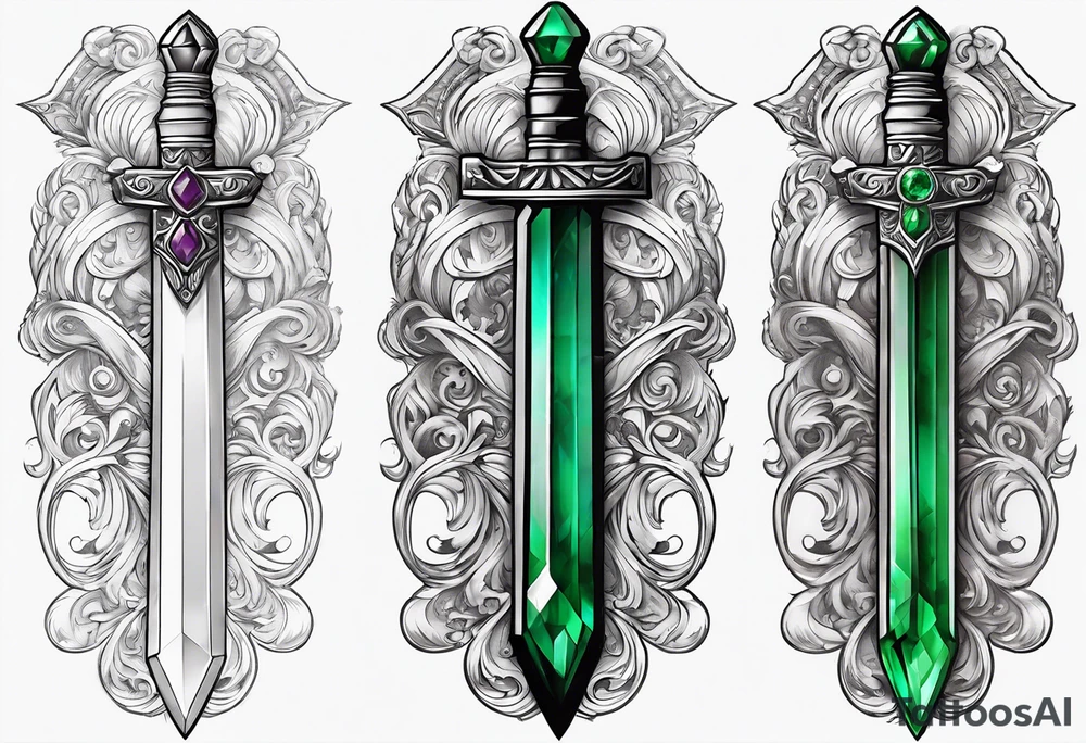 An athame dagger with the hilt turned upward and an emerald gemstone on the hilt not on the blade tattoo idea