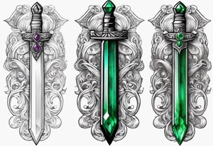 An athame dagger with the hilt turned upward and an emerald gemstone on the hilt not on the blade tattoo idea