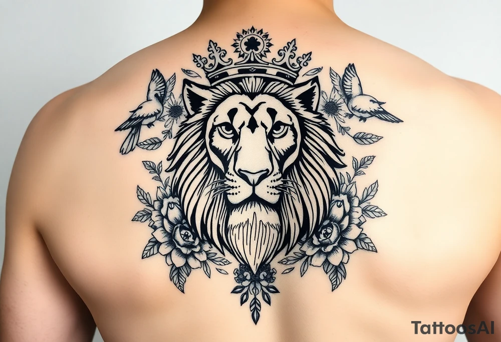 powerful majestic lion with a crown, surrounded by floral ornaments and birds tattoo idea