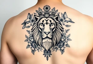 powerful majestic lion with a crown, surrounded by floral ornaments and birds tattoo idea