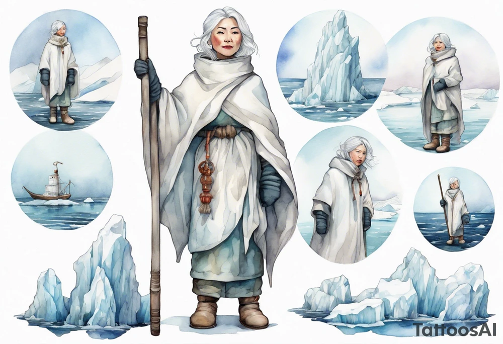 a middle aged Inuit woman with white hair, wearing mittens, wearing a white cloak, holding a white staff, wearing mukluks, standing on an iceberg in the sea tattoo idea