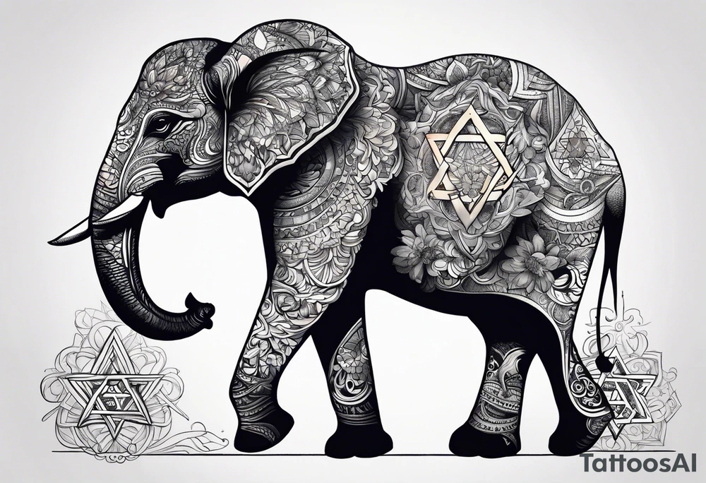 Delicate elephant holding Star of David in tip of trunk tattoo idea