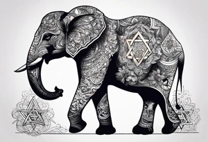 Delicate elephant holding Star of David in tip of trunk tattoo idea