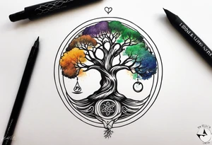 Micro realism tattoo design featuring the helix merging into the tree of life. With my zodiac sign libra holding the brain and heart on each side of the scale with the heart out weighing the brain tattoo idea