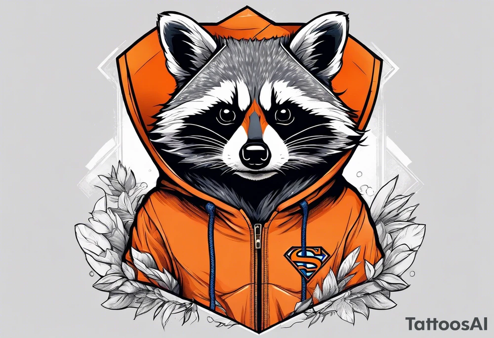 Raccoon wearing an orange Superman hoodie tattoo idea