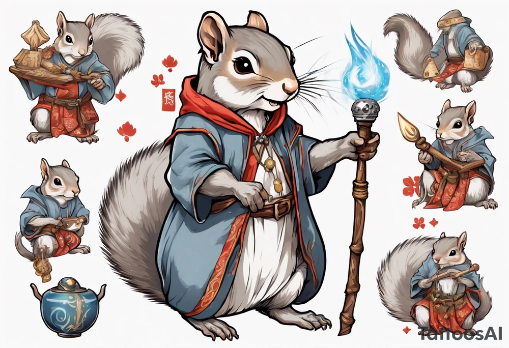 a grey squirrel dressed in a medieval tunic holding a silver wizard's staff tattoo idea