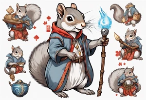 a grey squirrel dressed in a medieval tunic holding a silver wizard's staff tattoo idea