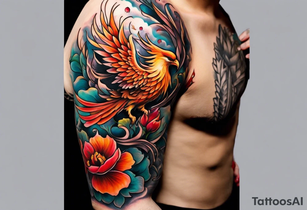 Half sleeve on under arm, with phoenix and flowers tattoo idea