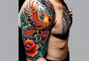 Half sleeve on under arm, with phoenix and flowers tattoo idea