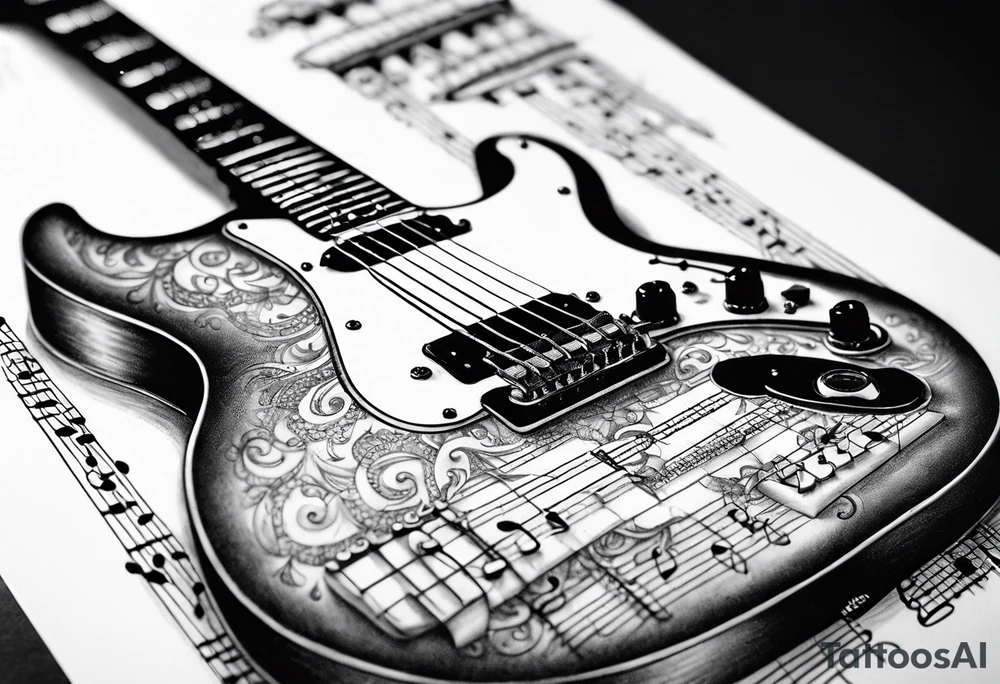 Electric guitar fading into sheet music tattoo idea