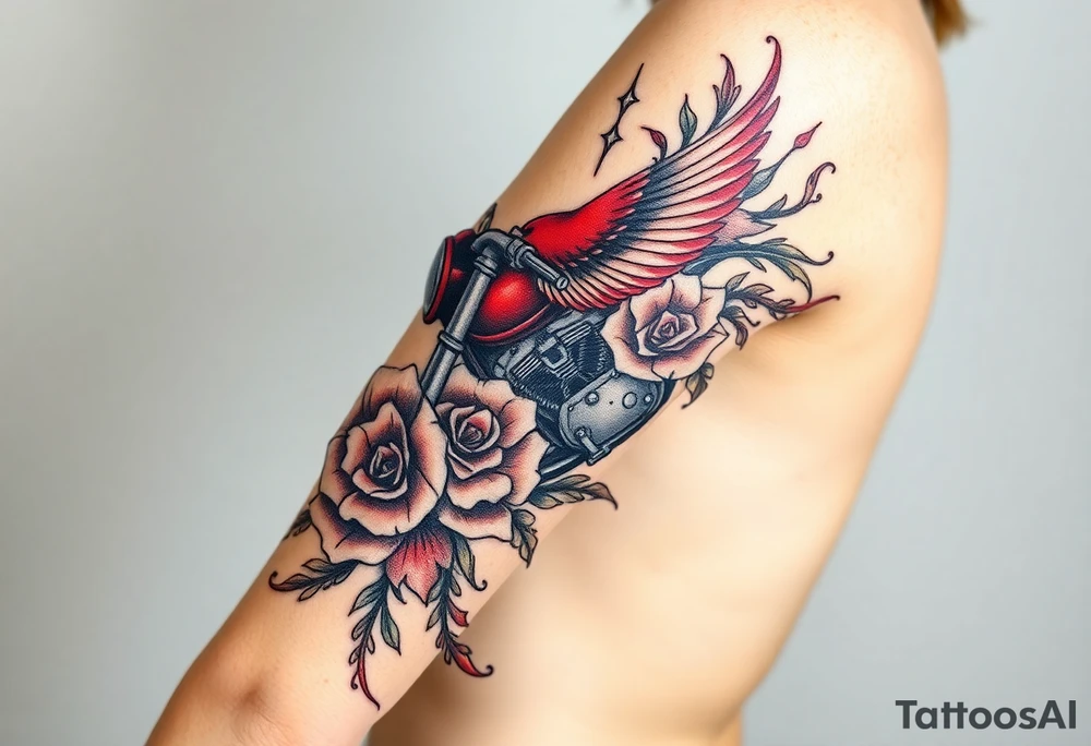 Motorcycle, red bird flying, roses and lace, flames tattoo idea