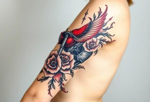 Motorcycle, red bird flying, roses and lace, flames tattoo idea