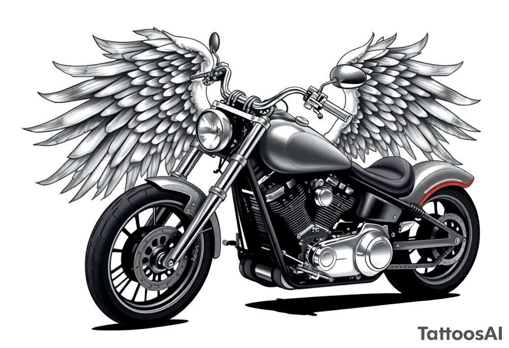 Low rider grey motorcycle, flames, angel wings tattoo idea