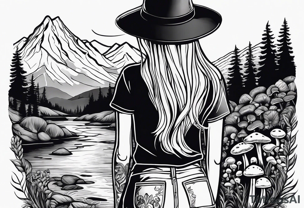 Straight long blonde hair hippie girl in distance holding mushrooms in hand facing away toward mountains and creek surrounded by mushrooms tee shirt and hiking pants tattoo idea