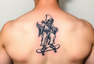 Colorful grim reaper riding skateboard tattoo idea