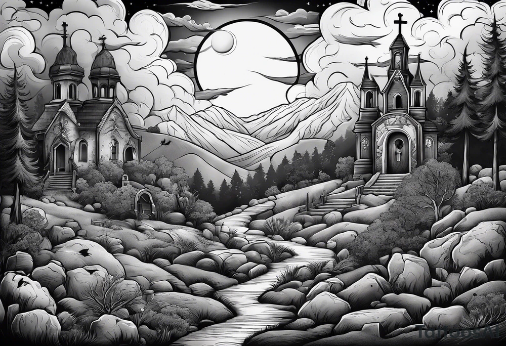 Graveyard with moon and smoke  on hills tattoo idea